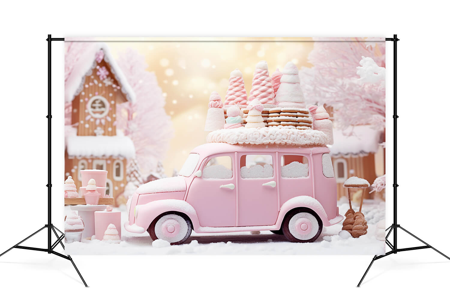 Toile de Fond de Noël Voiture de Glace Rose Pain d'Epice M9-62