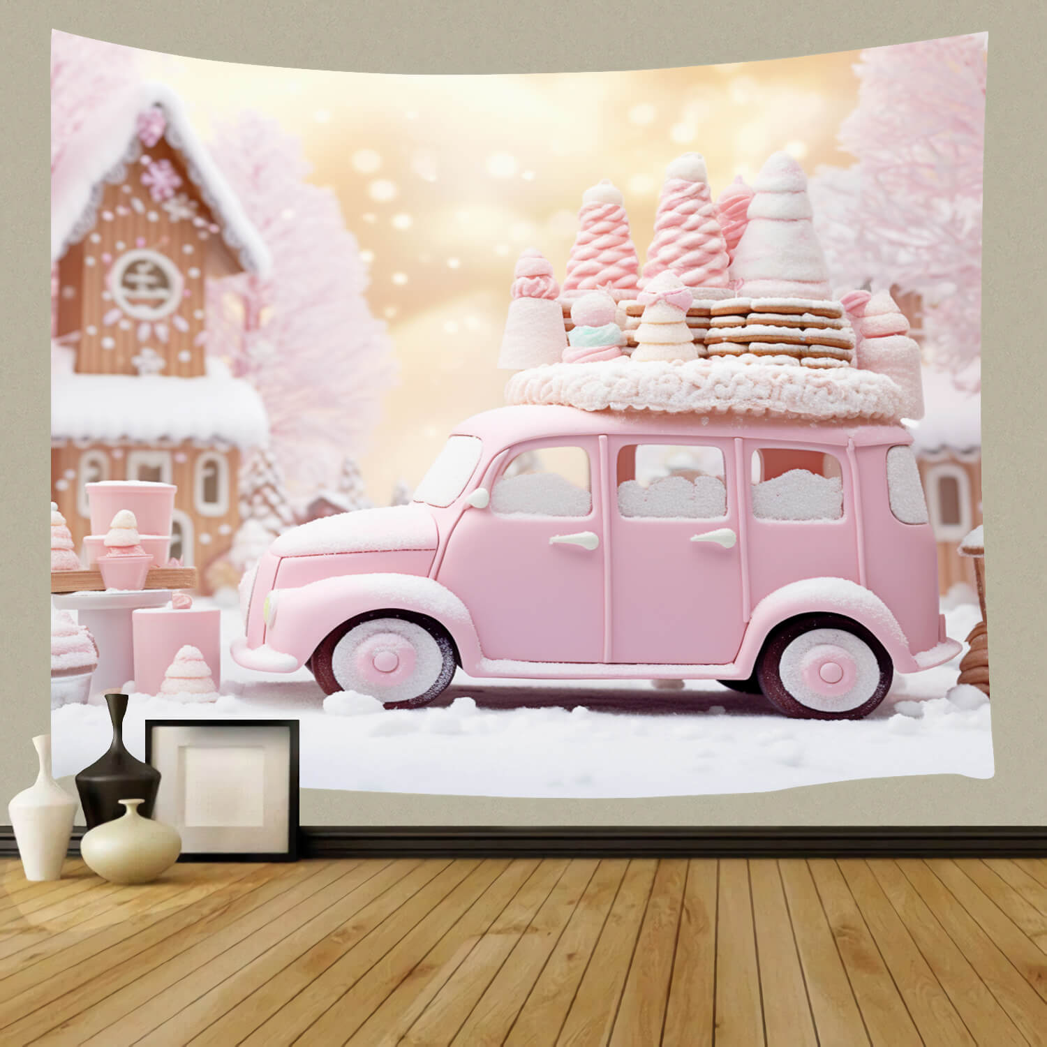 Toile de Fond de Noël Voiture de Glace Rose Pain d'Epice M9-62