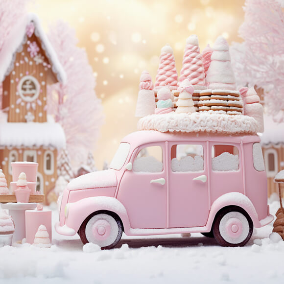 Toile de Fond de Noël Voiture de Glace Rose Pain d'Epice M9-62