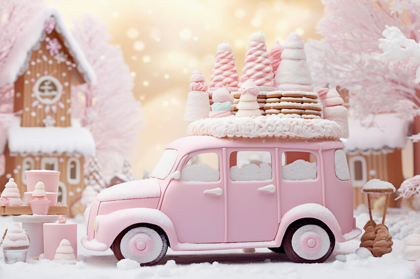 Toile de Fond de Noël Voiture de Glace Rose Pain d'Epice M9-62