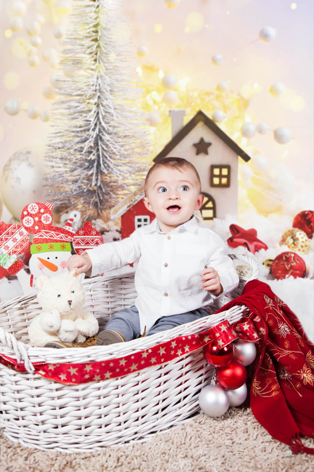 Toile de Fond Boules de Noël Flocon de Neige Cabine Bokeh M9-71