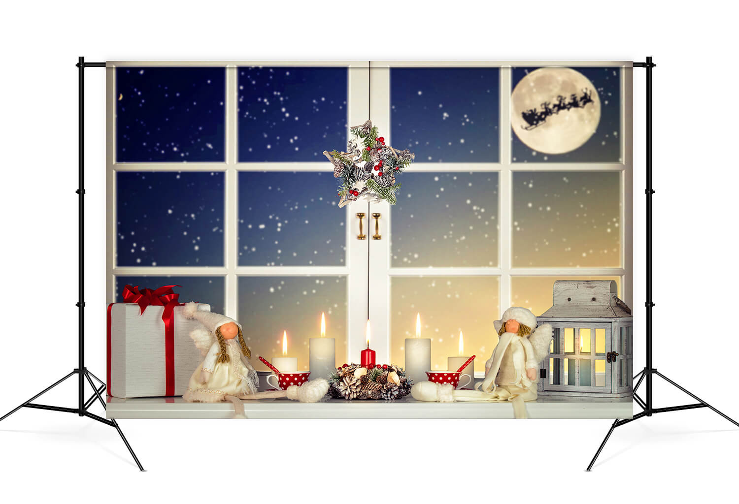 Toile de Fond Fenêtre de Noël Flocon de Neige Renne M9-72