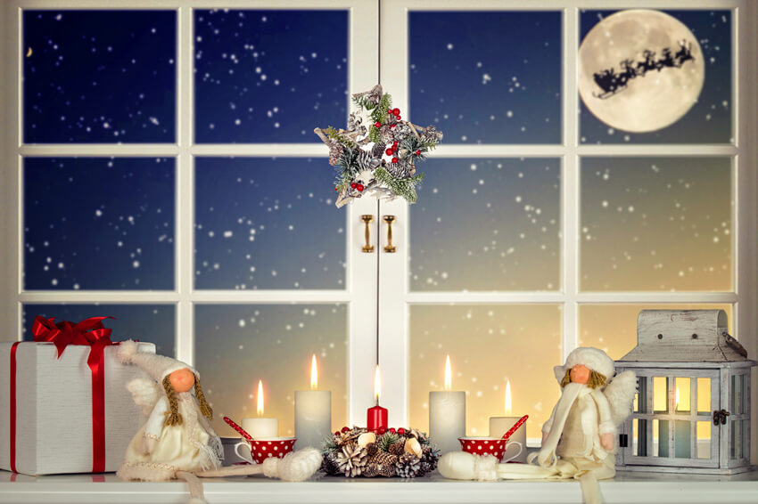 Toile de Fond Fenêtre de Noël Flocon de Neige Renne M9-72