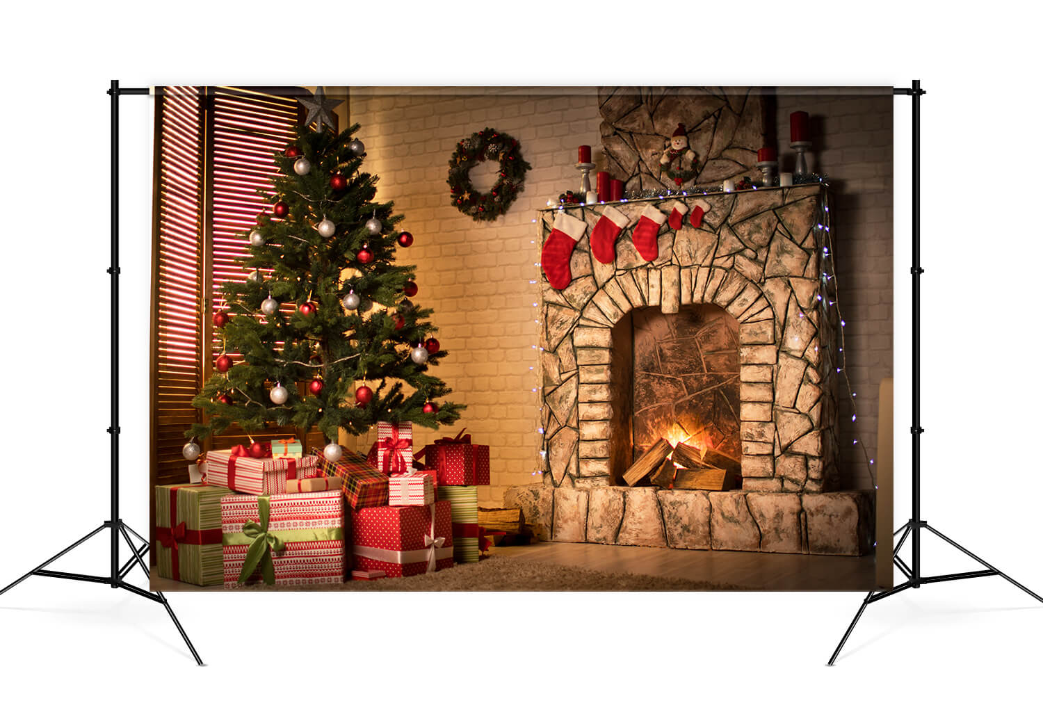 Toile de Fond Arbre de Noël Décoré pour Cheminée M9-80