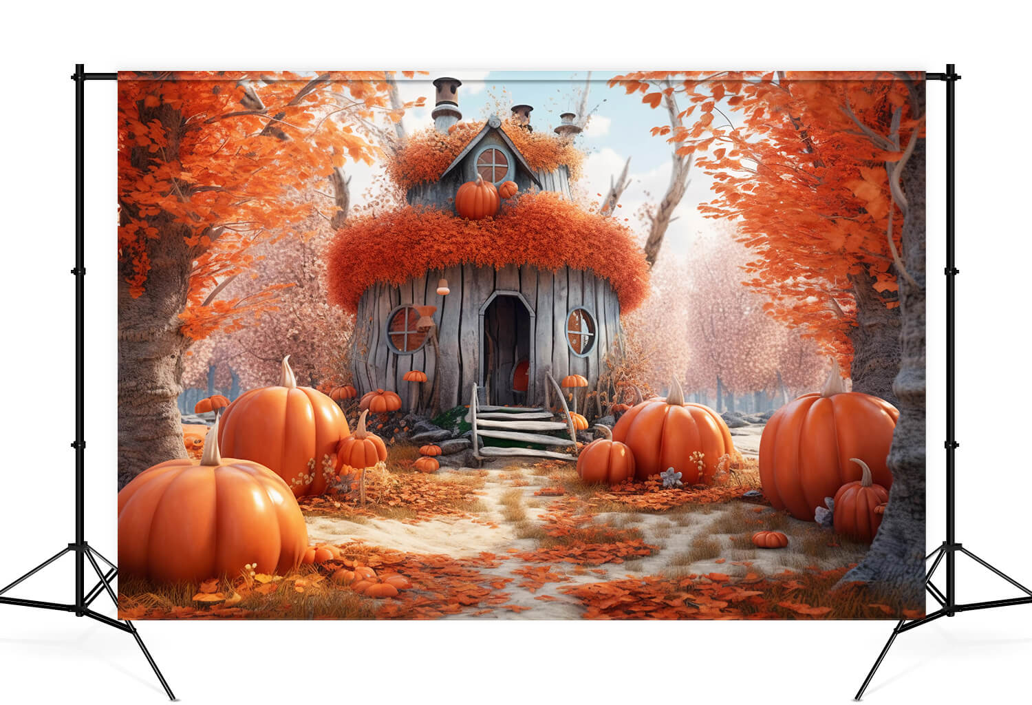 Toile de Fond Citrouille Cabane Feuilles d'Erable Automne M9-84