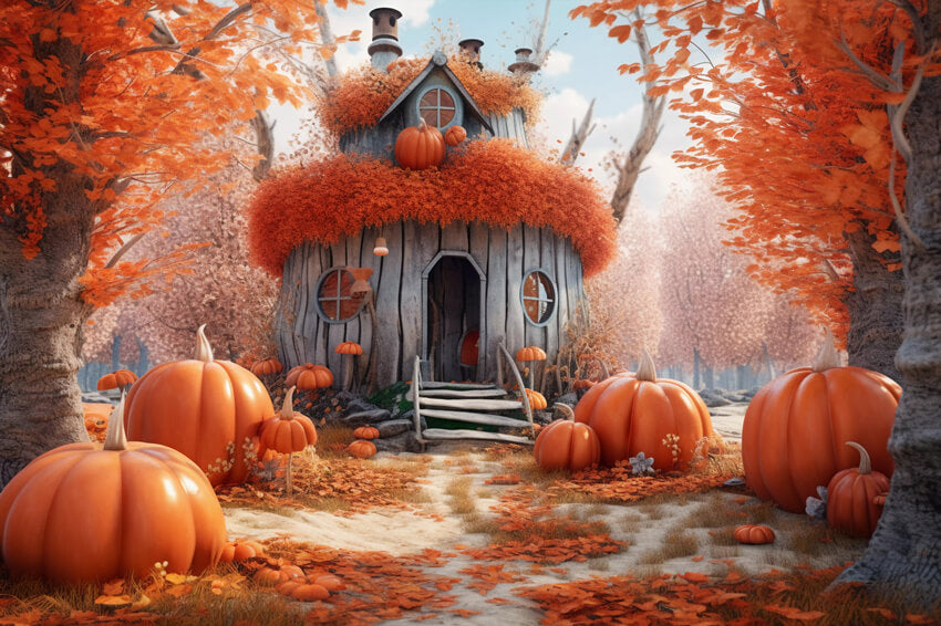 Toile de Fond Citrouille Cabane Feuilles d'Erable Automne M9-84