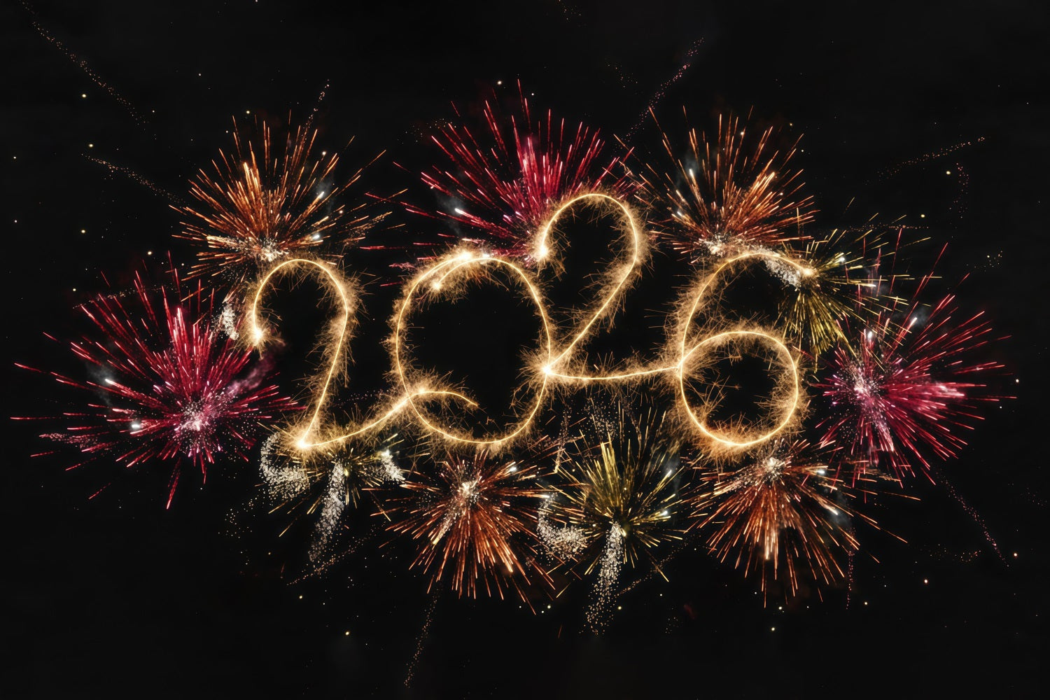 Fond pour le Nouvel An 2026 Feux d'artifice vibrants Éclats étincelants Fond pour le Nouvel An MRR10-10