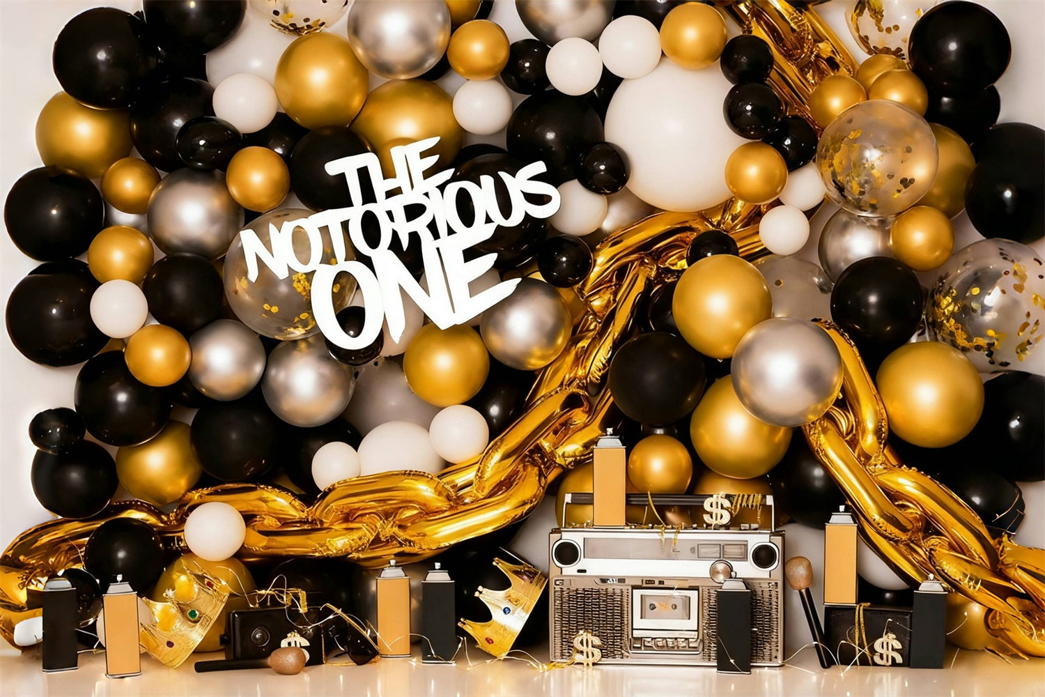 Fond pour cake smash Ballons dorés et noirs Fond pour 1er anniversaire MRR10-43