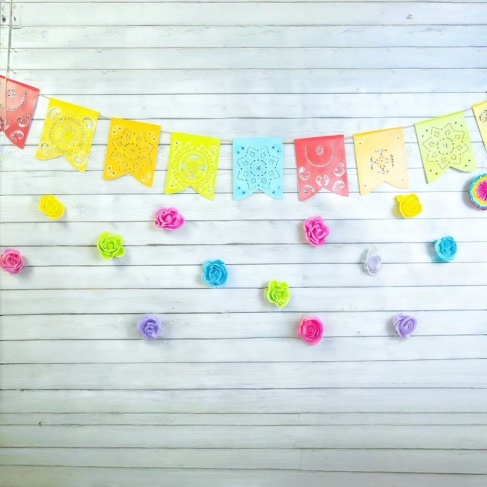 Fond pour 1er anniversaire Guirlandes florales colorées Drapeaux Fond pour cake smash MRR10-46