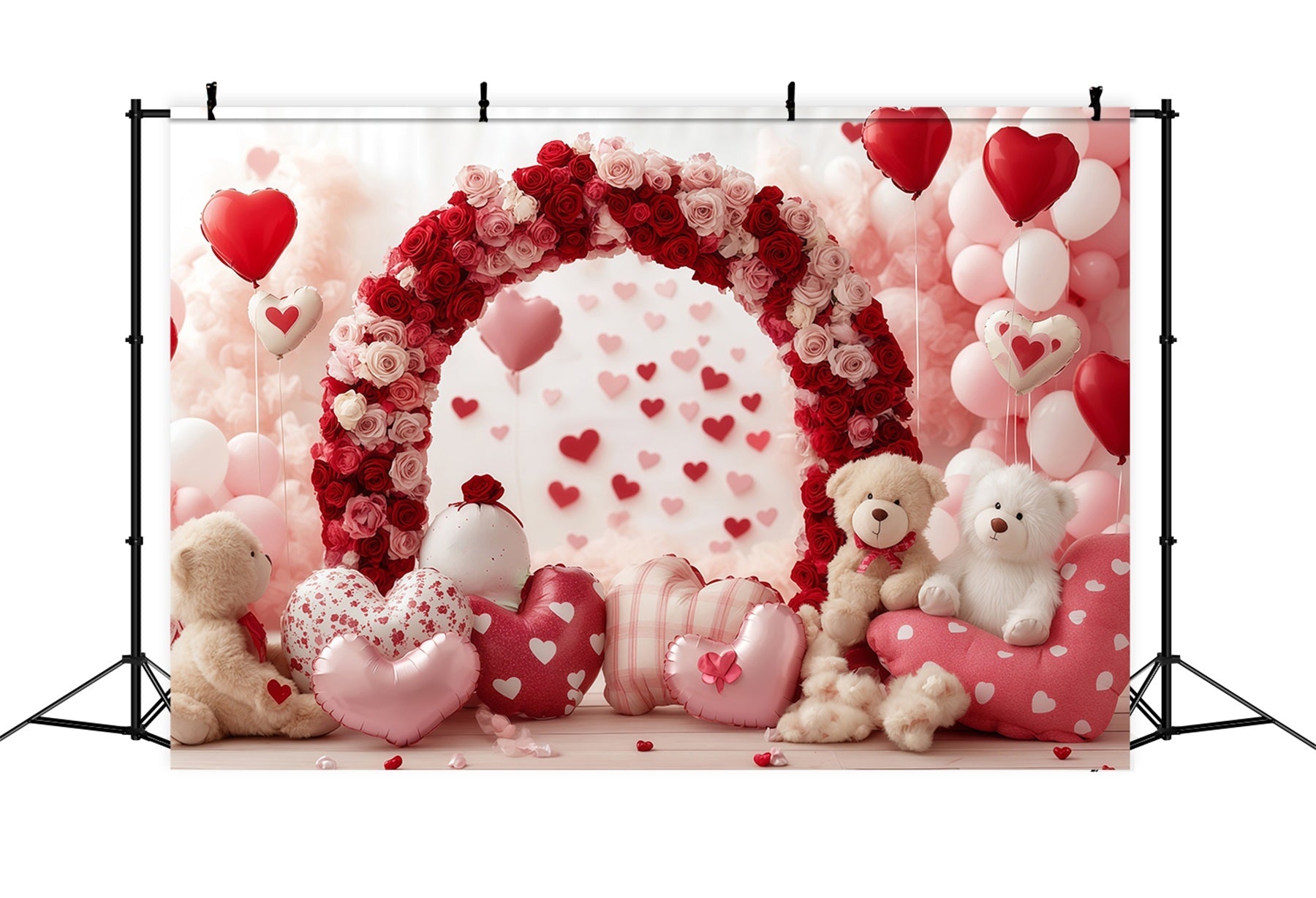 Toiles de fond pour la Saint-Valentin Arche en forme de cœur avec ours et roses Toile de fond avec ballons pour la Saint-Valentin MRR11-103