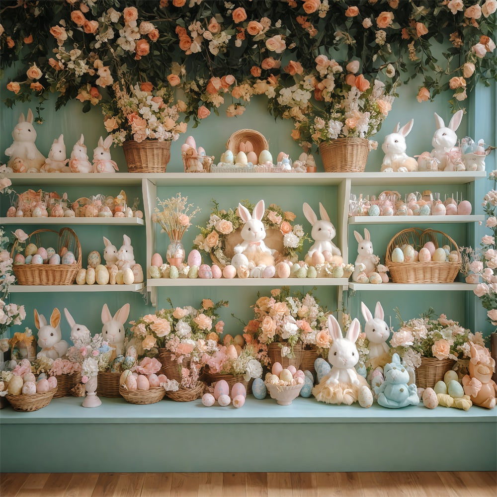 Toile de fond lapin de Pâques Composition florale sur étagère Toiles de fond de Pâques MRR11-73