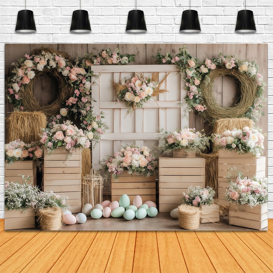 Fond avec œufs de Pâques et composition florale rustique Fonds photo de Pâques MRR11-75