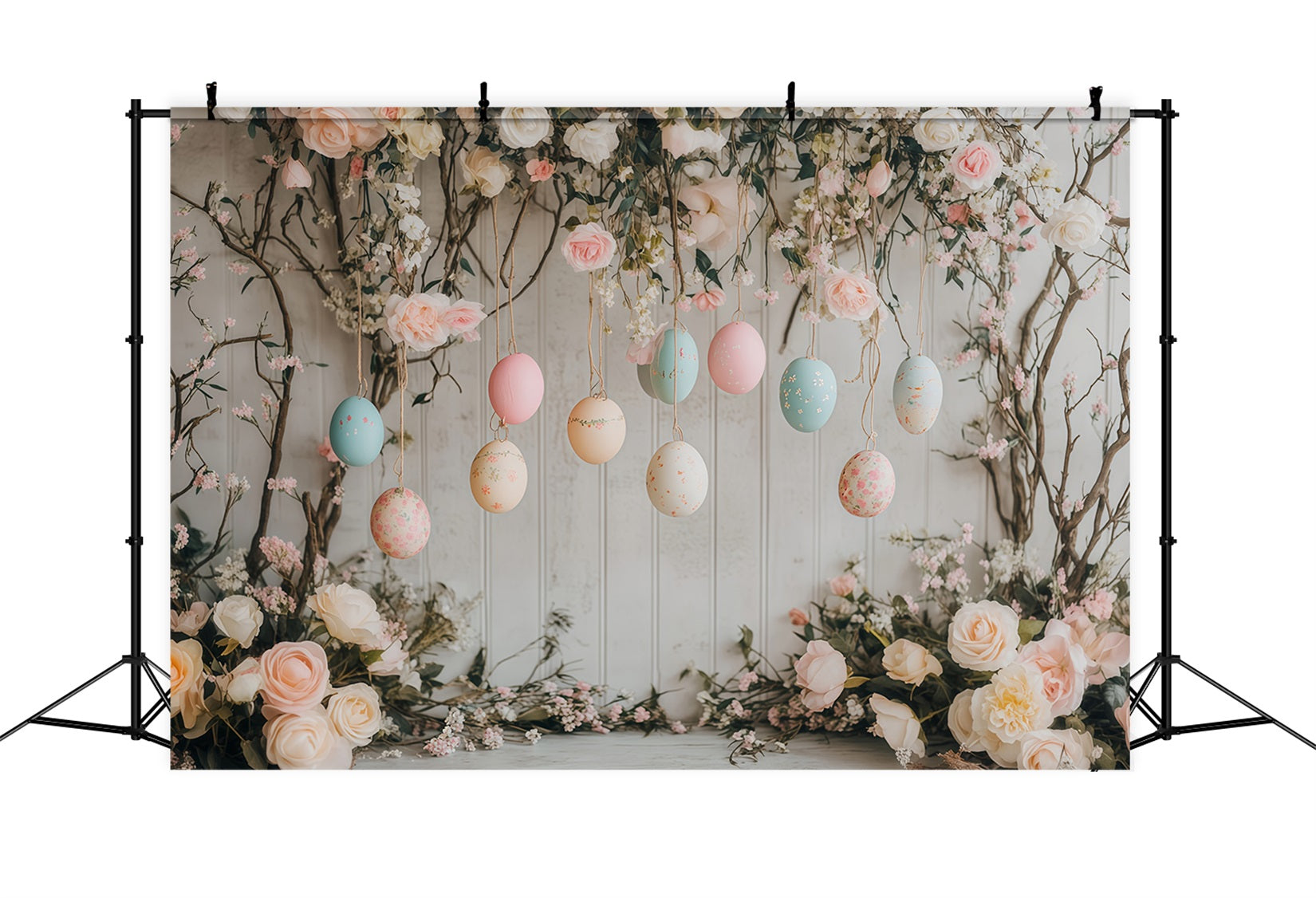 Fond avec œufs de Pâques suspendus et fleurs pastel Idées de fonds de Pâques MRR11-76