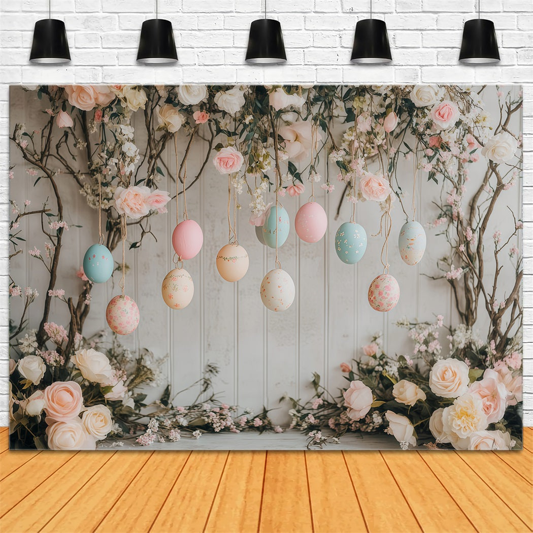 Fond avec œufs de Pâques suspendus et fleurs pastel Idées de fonds de Pâques MRR11-76