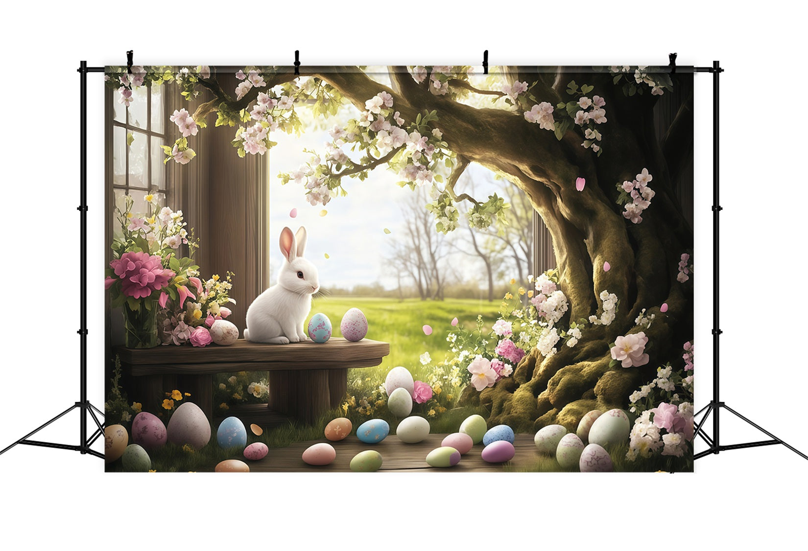 Fonds photographiques de Pâques Lapin des bois Prairie Fond œufs de Pâques MRR11-78