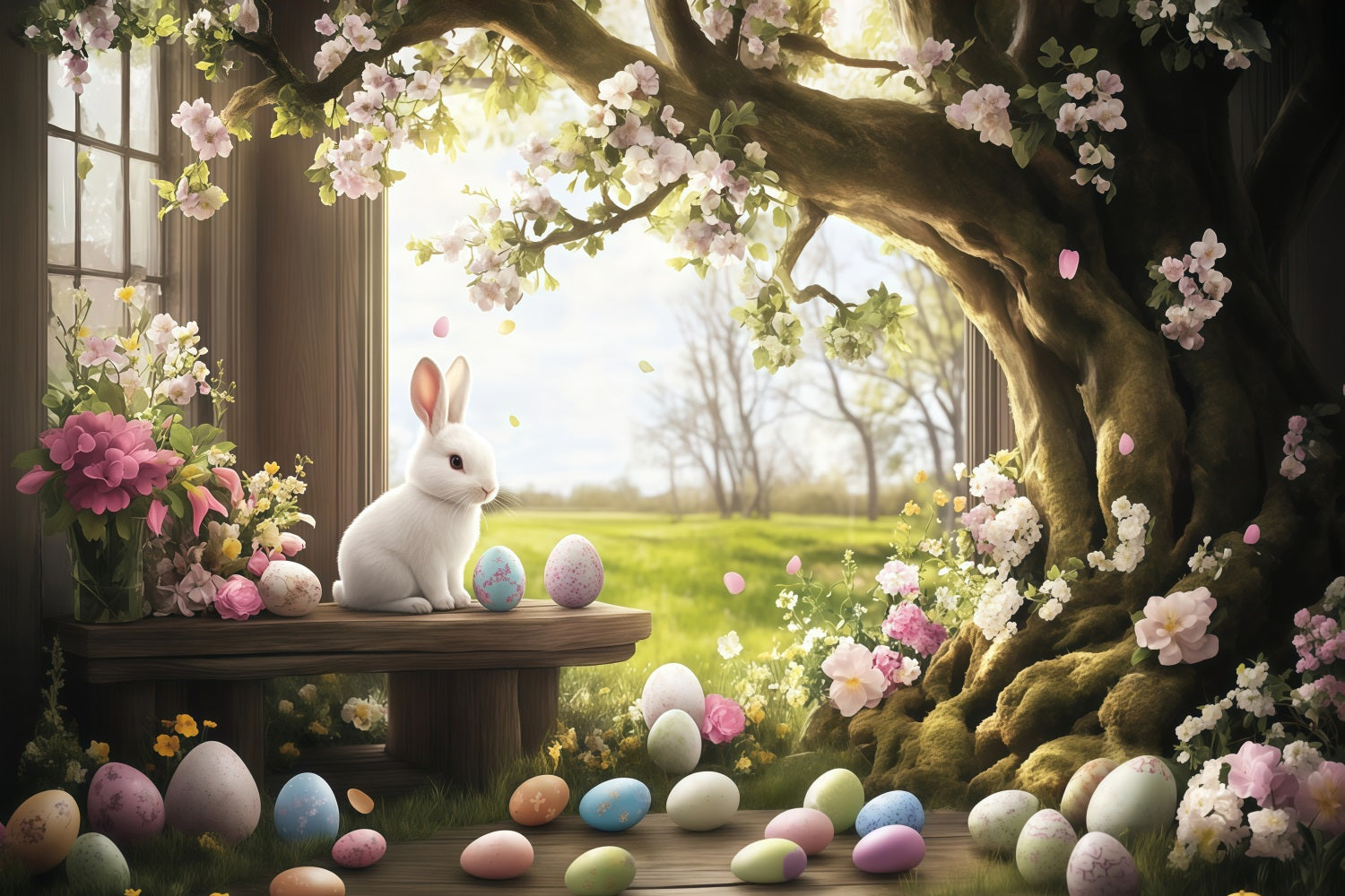 Fonds photographiques de Pâques Lapin des bois Prairie Fond œufs de Pâques MRR11-78