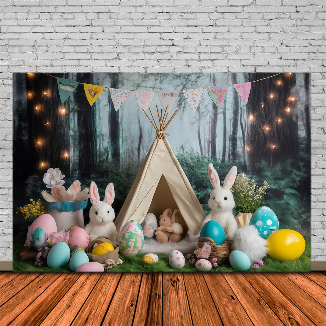 Fonds photographiques de Pâques Forêt Tente Lapins se rassemblent Fond lapins MRR11-80
