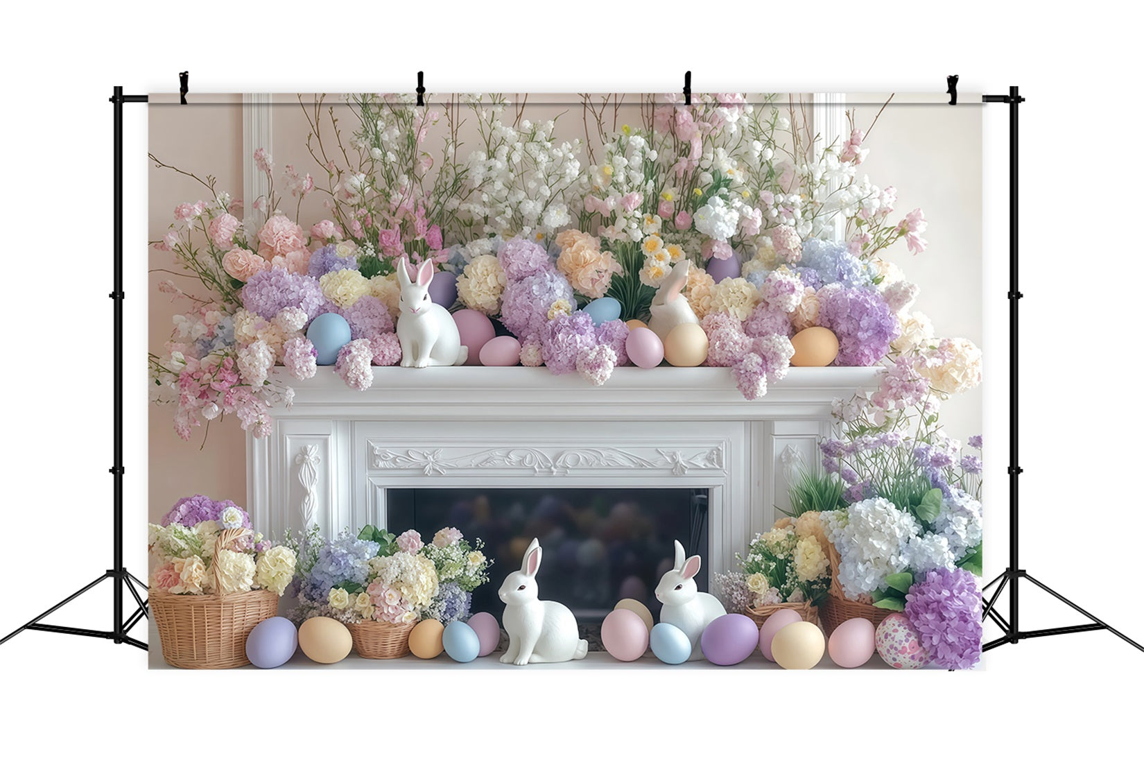 Fond pour photos avec lapin de Pâques Fond avec cheminée décorée de fleurs pastel MRR11-82