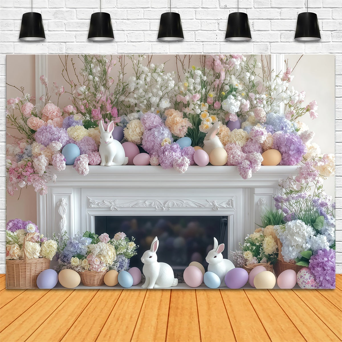 Fond pour photos avec lapin de Pâques Fond avec cheminée décorée de fleurs pastel MRR11-82