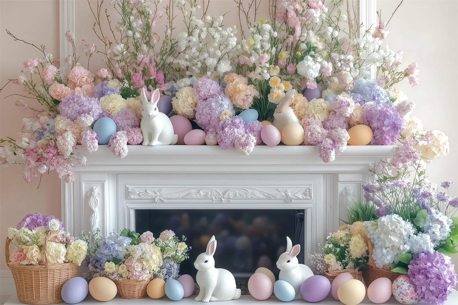 Fond pour photos avec lapin de Pâques Fond avec cheminée décorée de fleurs pastel MRR11-82