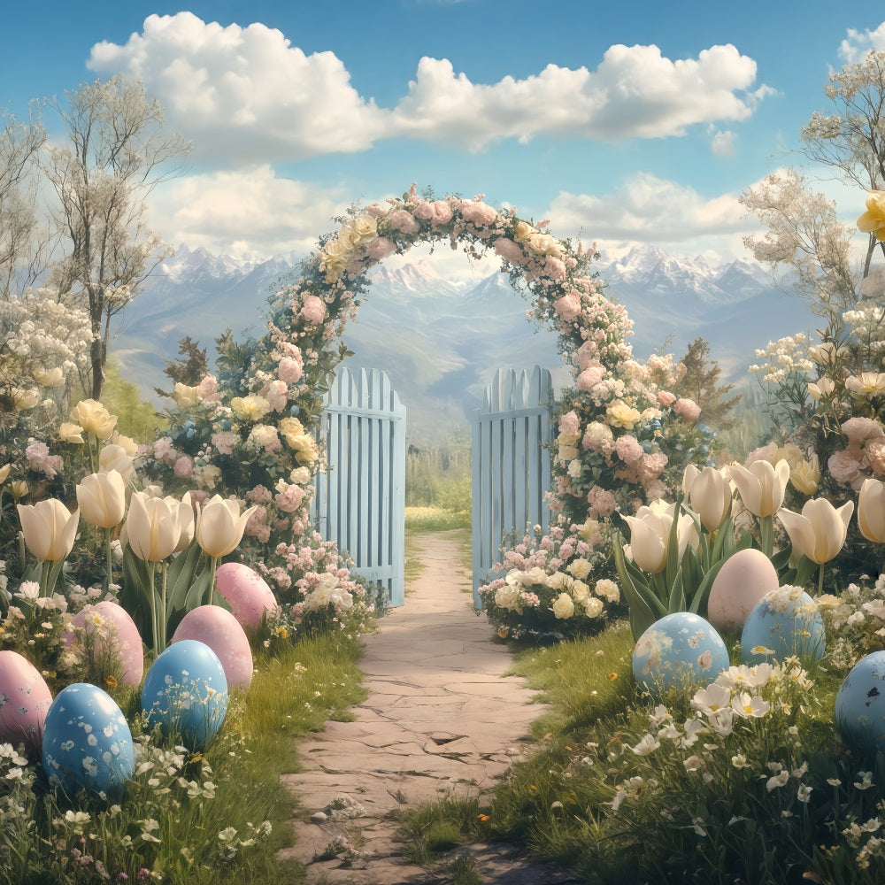 Fond de Pâques avec lapin dans un jardin fleuri Fonds pour photos de Pâques MRR11-83