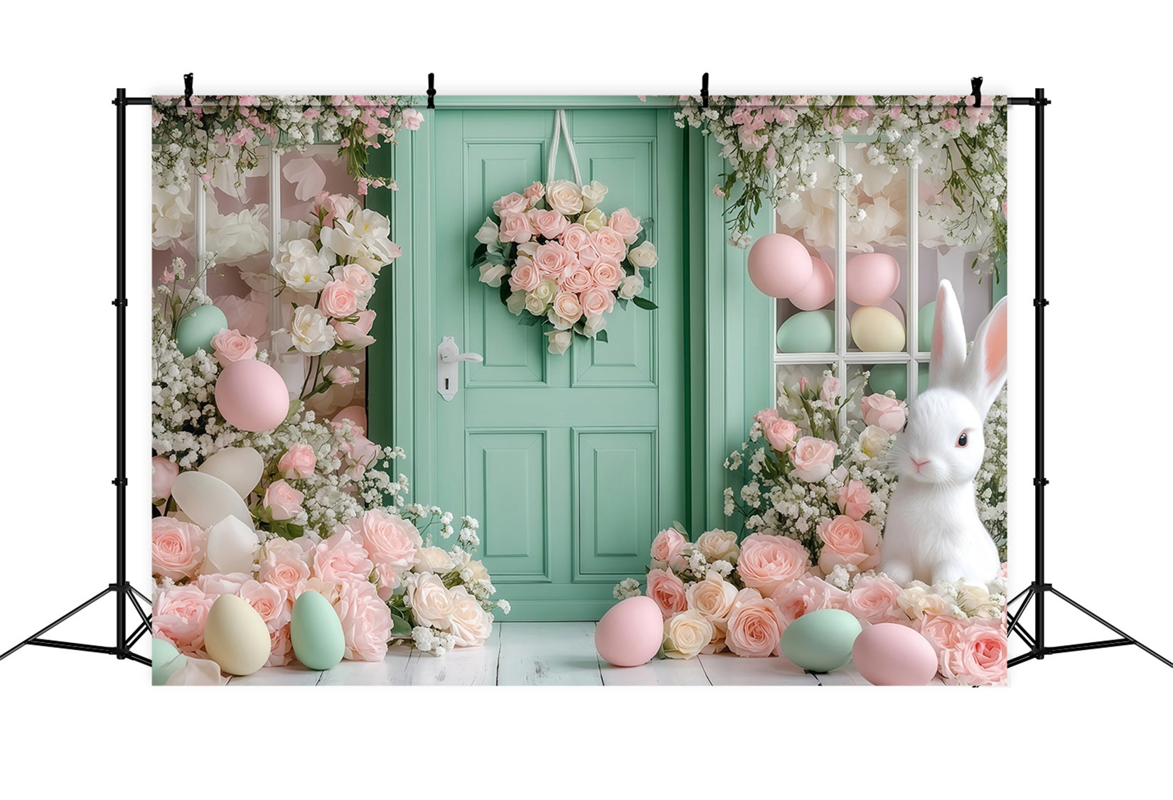 Fond de Pâques Lapin Aménagement de lapin dans un cottage avec jardin Fond pour œufs de Pâques MRR11-89