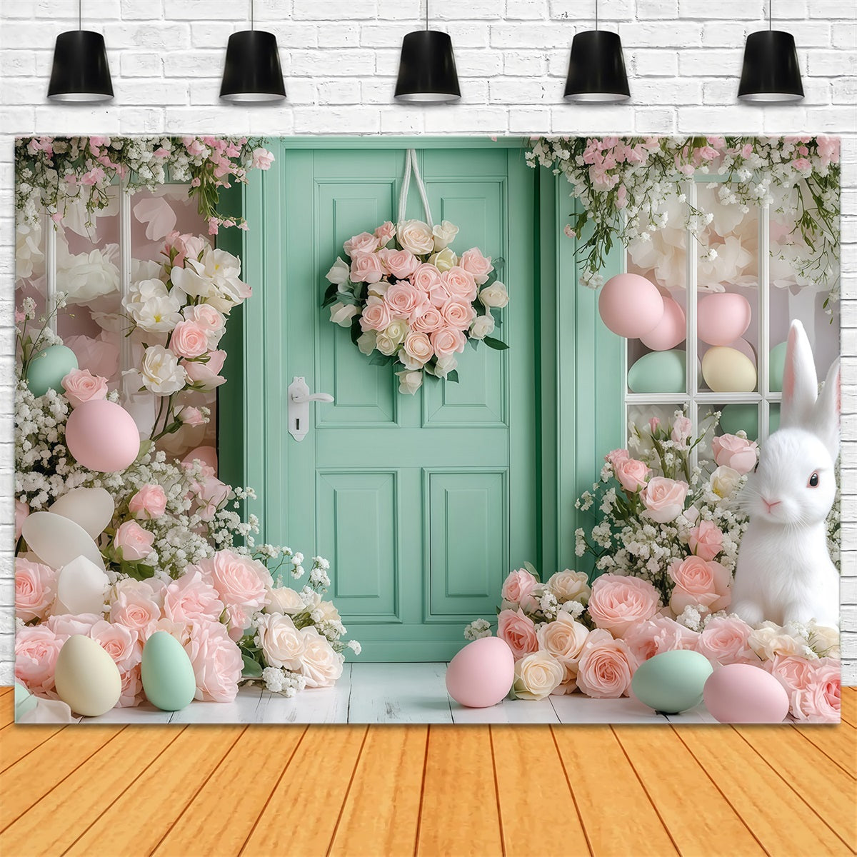 Fond de Pâques Lapin Aménagement de lapin dans un cottage avec jardin Fond pour œufs de Pâques MRR11-89