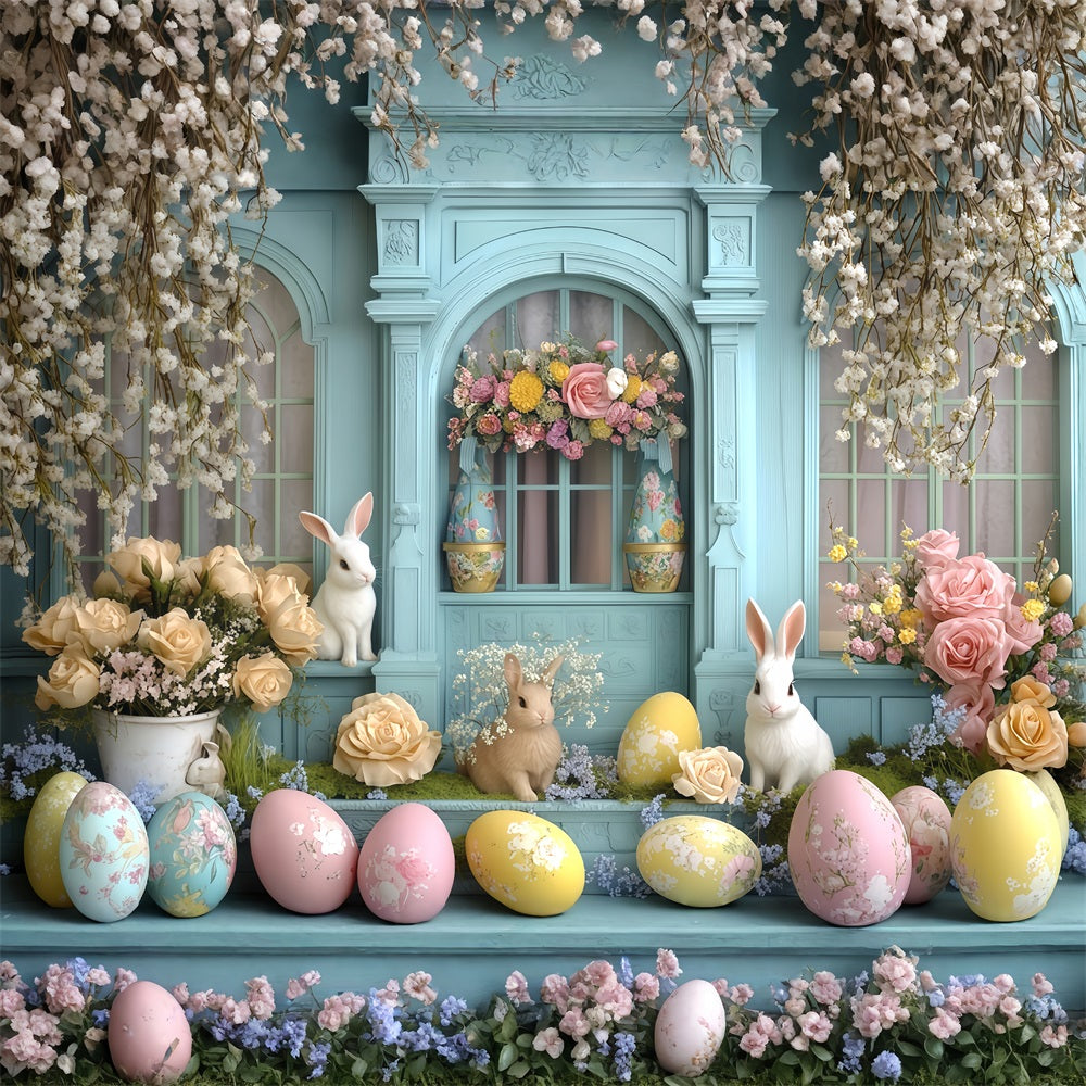 Fonds pour photos de Pâques Cottage rustique avec tulipes et porte Fond avec lapin MRR11-92