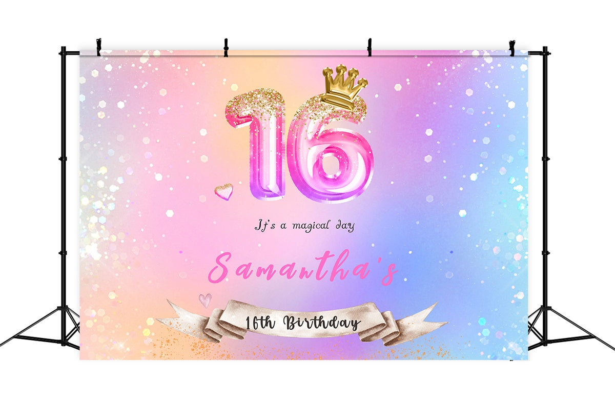 Toile de fond Anniversaire Personnalisable Sweet 16 Couronne Ballons MRR3-1