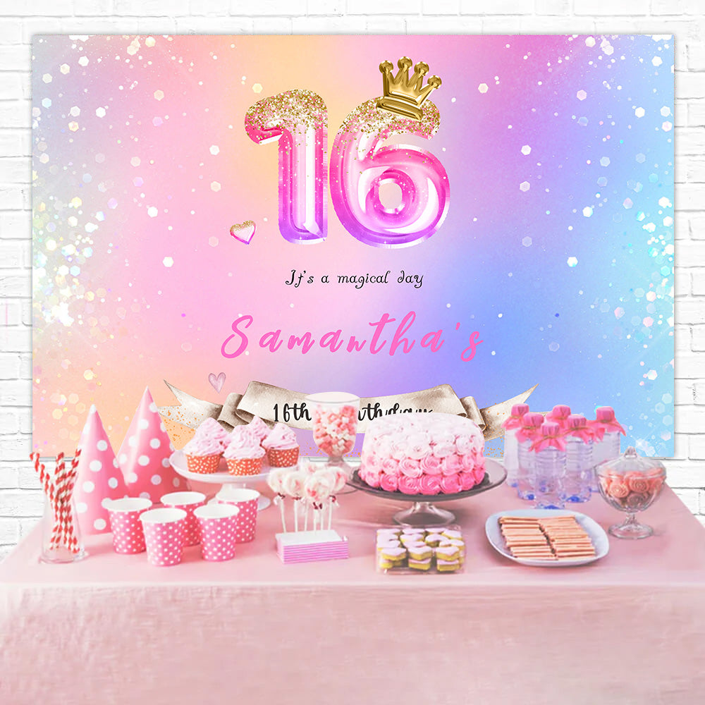 Toile de fond Anniversaire Personnalisable Sweet 16 Couronne Ballons MRR3-1