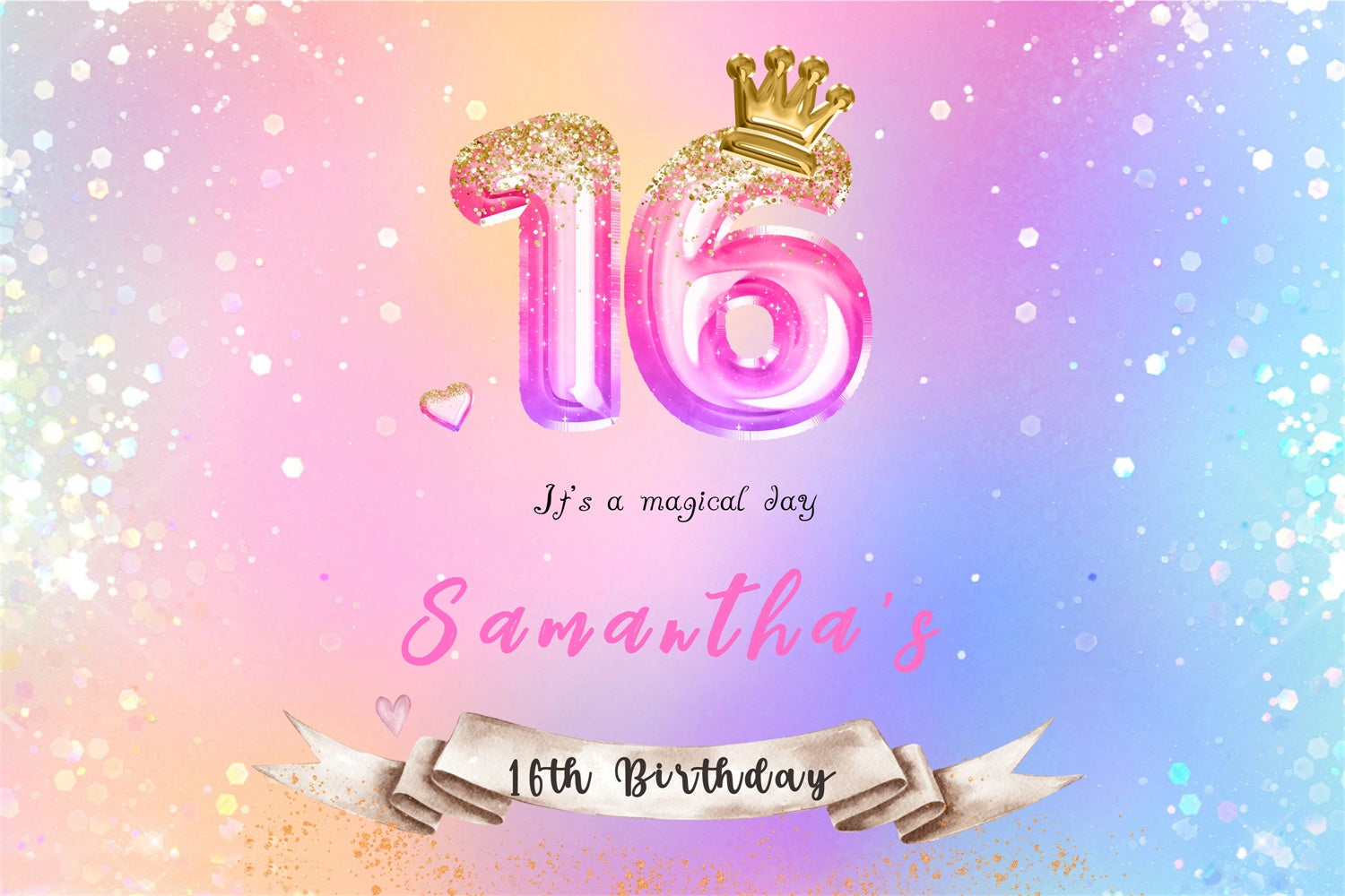 Toile de fond Anniversaire Personnalisable Sweet 16 Couronne Ballons MRR3-1