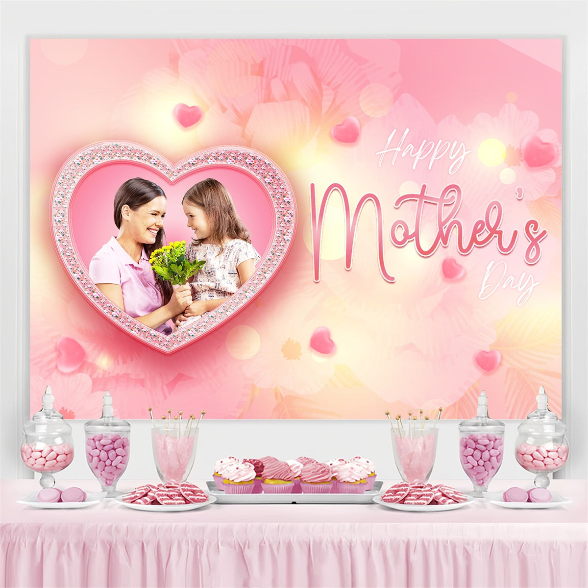 Toile de fond Fête des Mères Personnalisable Cadre Cœur Rose MRR3-103