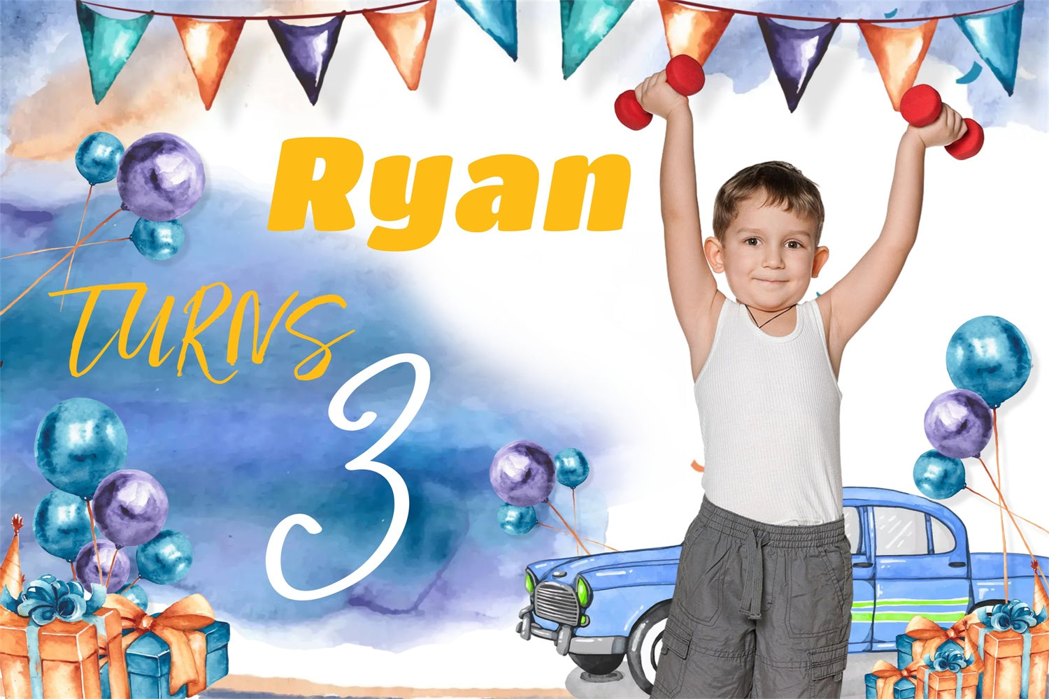 Toile de fond Anniversaire Personnalisable Aquarelle Ballons Bleus MRR3-11