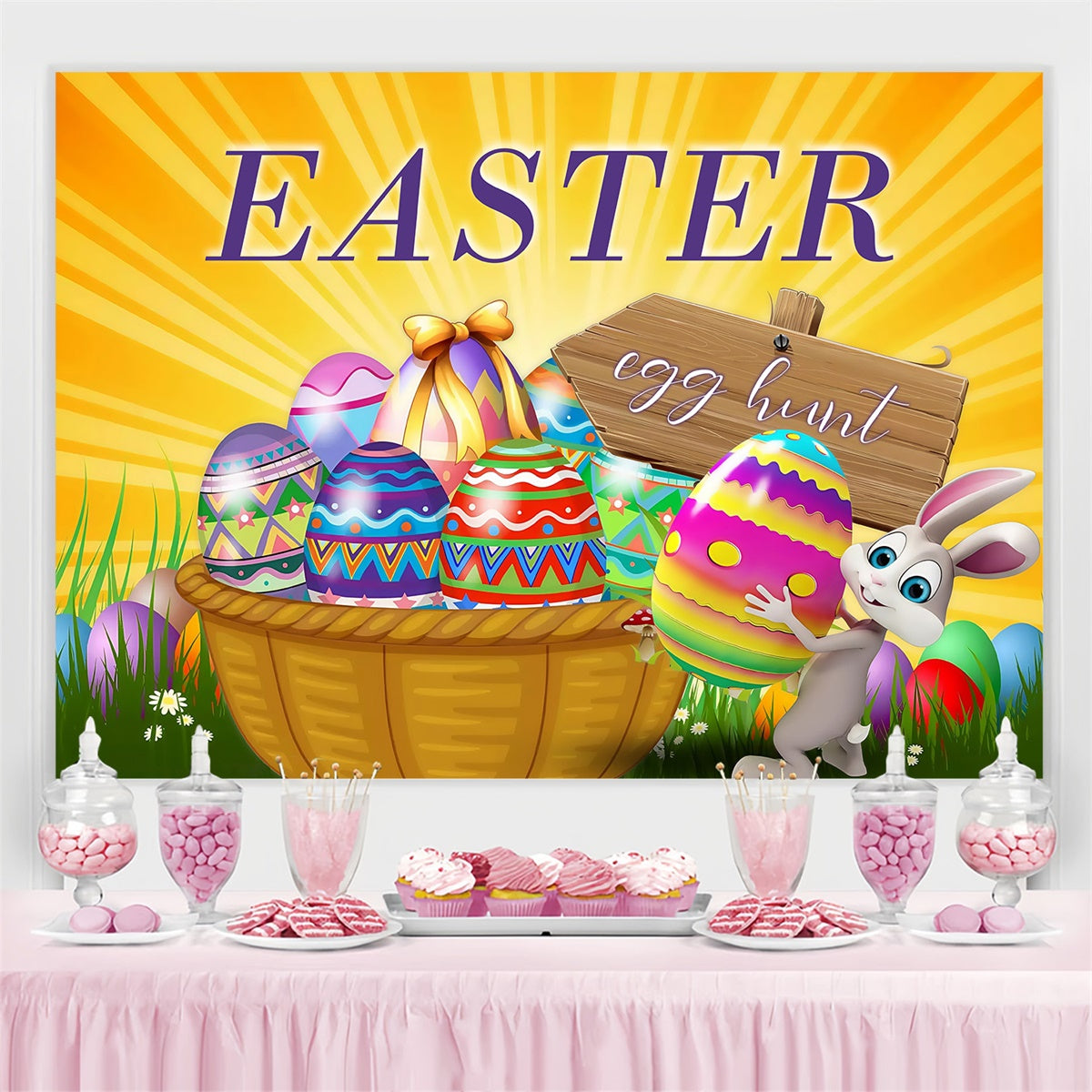 Toile de fond Photo Pâques Rayons Dorés Chasse aux Œufs Personnalisée MRR3-121