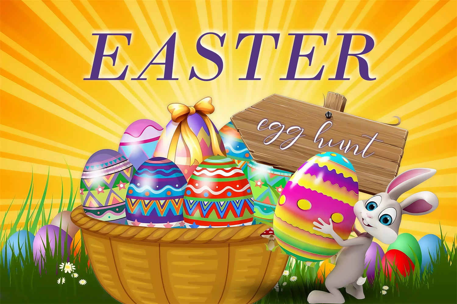 Toile de fond Photo Pâques Rayons Dorés Chasse aux Œufs Personnalisée MRR3-121