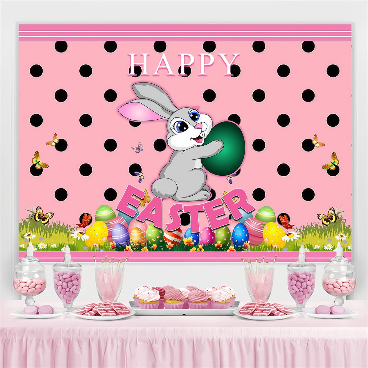 Toile de fond Pâques Pois Roses Lapin Personnalisée MRR3-123