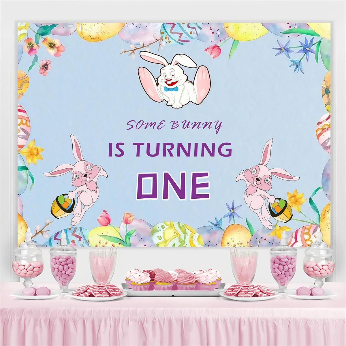 Toile de fond Déco Pâques Lapin Floral Anniversaire Amusant Personnalisée MRR3-132