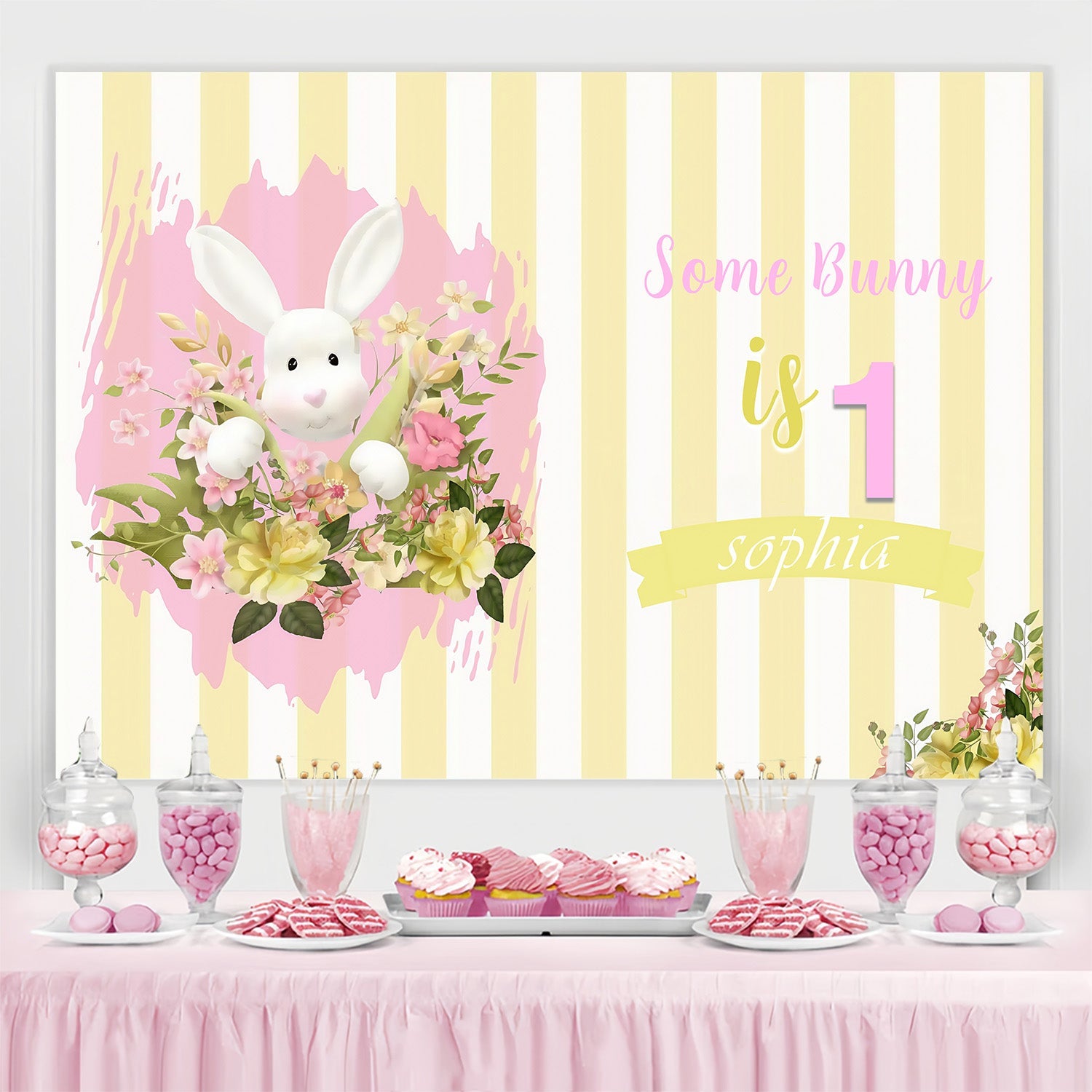 Toile de fond Pâques Lapin Floral Rayé Anniversaire Personnalisée MRR3-134
