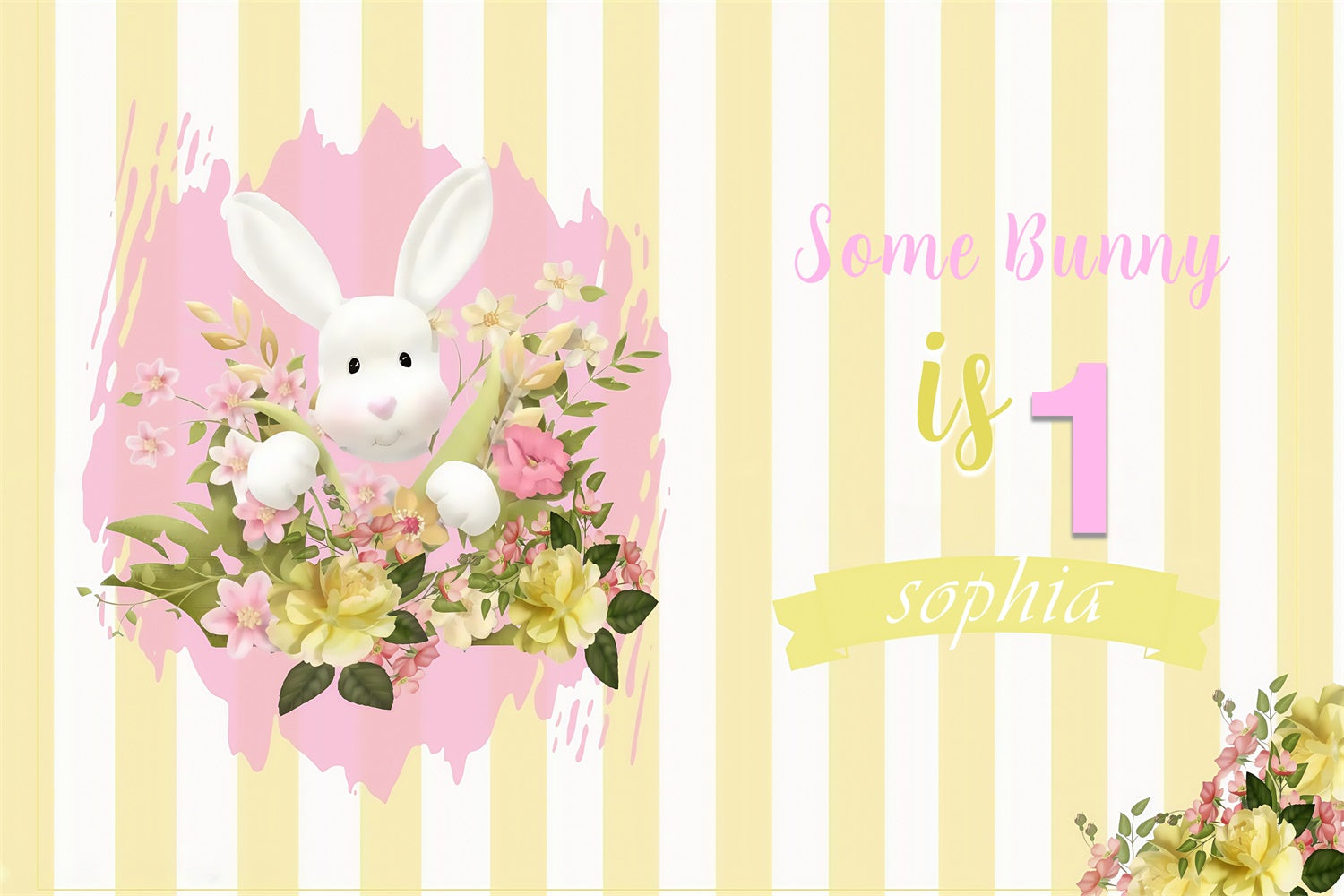 Toile de fond Pâques Lapin Floral Rayé Anniversaire Personnalisée MRR3-134
