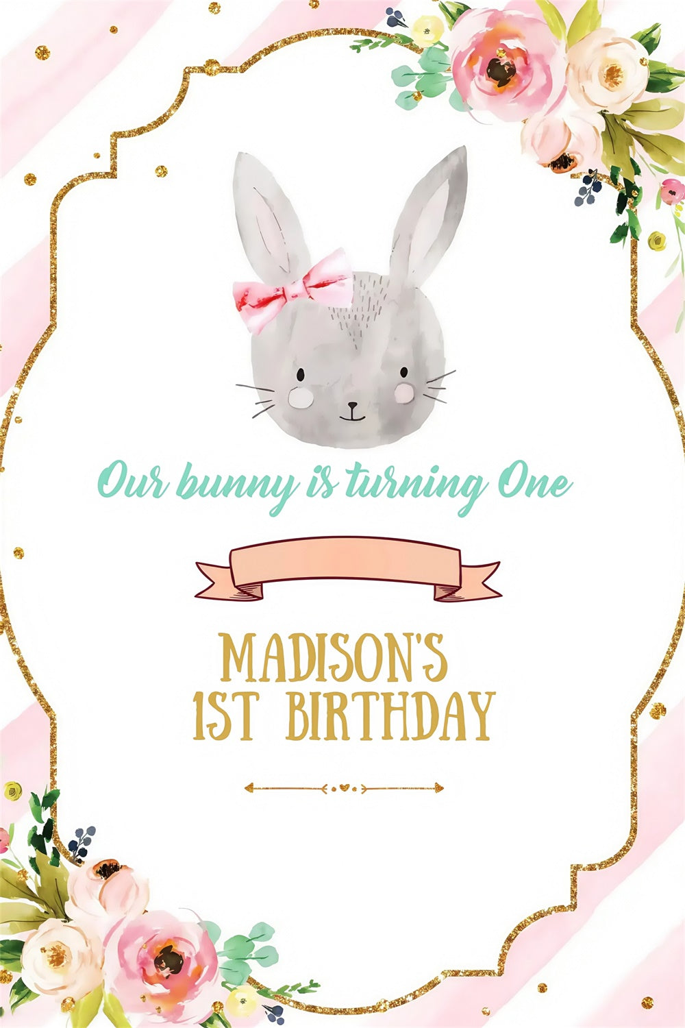 Toile de fond Déco Pâques Lapin Rayé Rose Floral Personnalisée MRR3-137