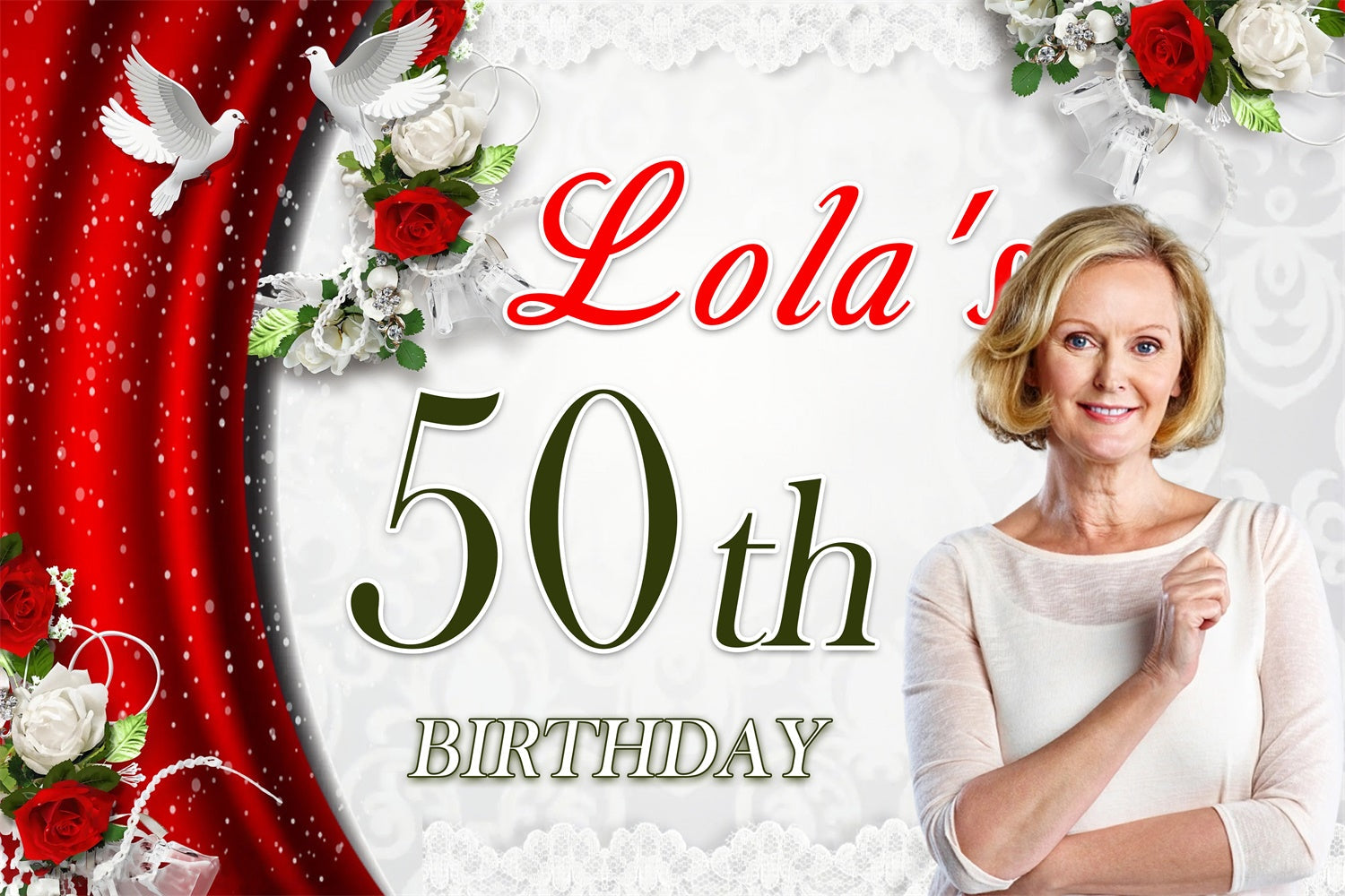 Toile de fond Anniversaire Personnalisé Rideau Rouge Colombe 50ème MRR3-141