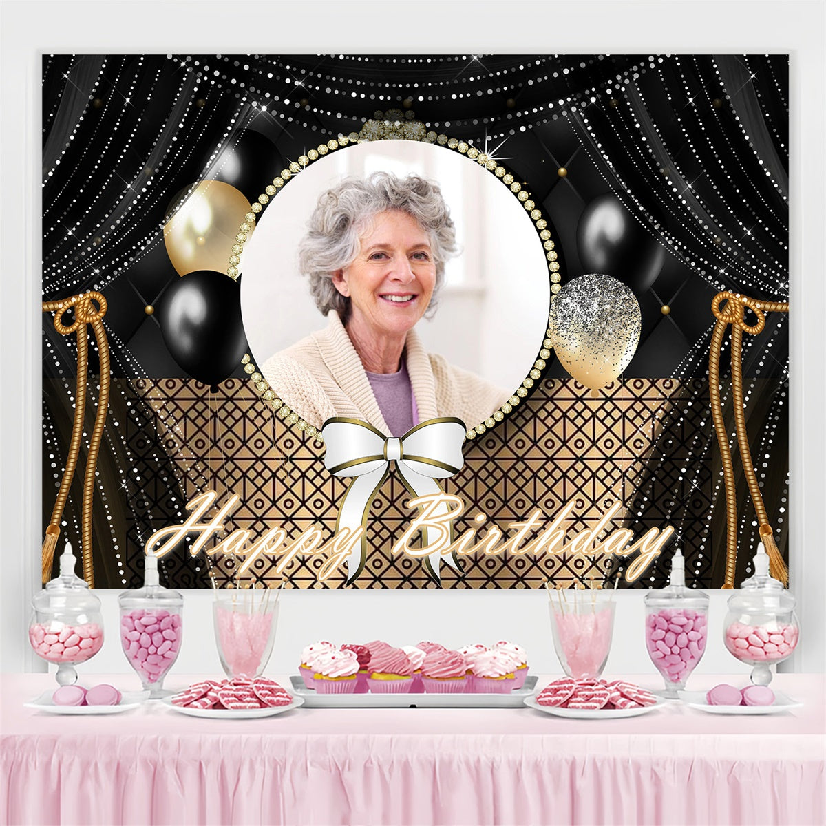 Toile de fond Anniversaire Personnalisable Rideau Noir Or Glamour MRR3-142