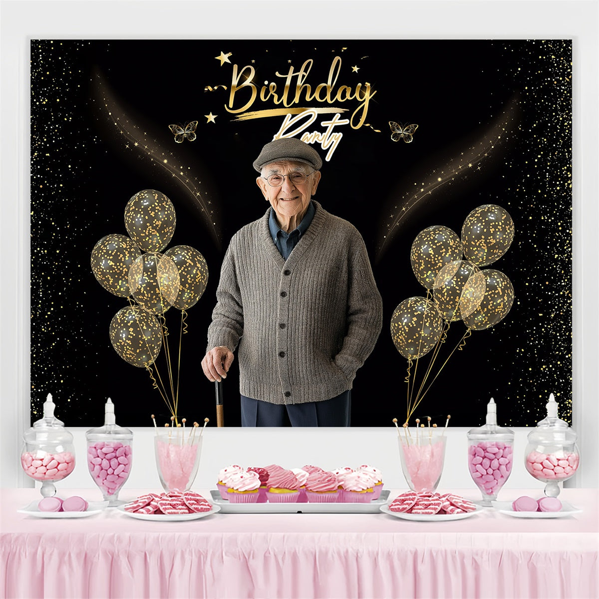 Toile de fond Anniversaire Personnalisable Ballons Paillettes Noir et Or MRR3-143