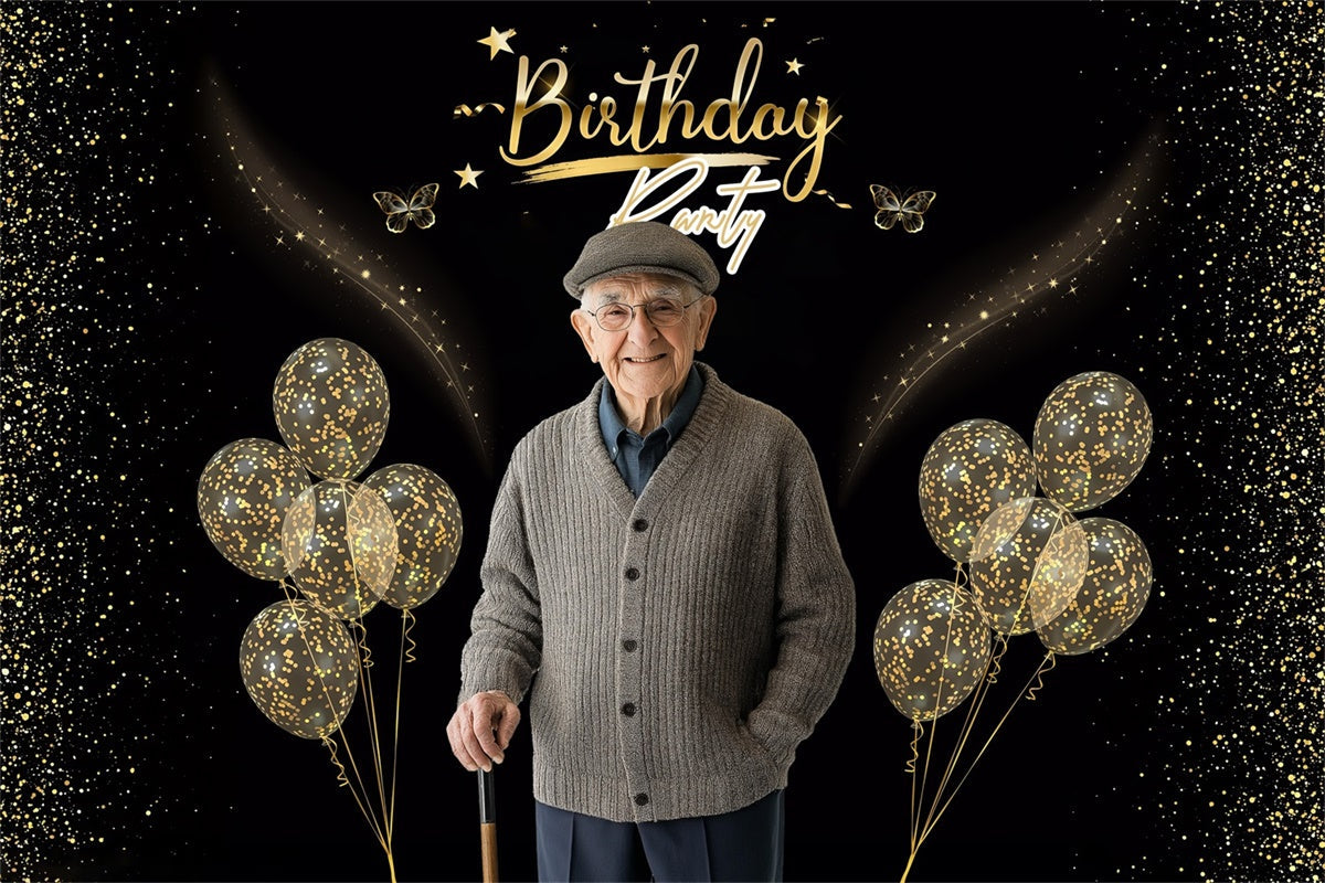 Toile de fond Anniversaire Personnalisable Ballons Paillettes Noir et Or MRR3-143