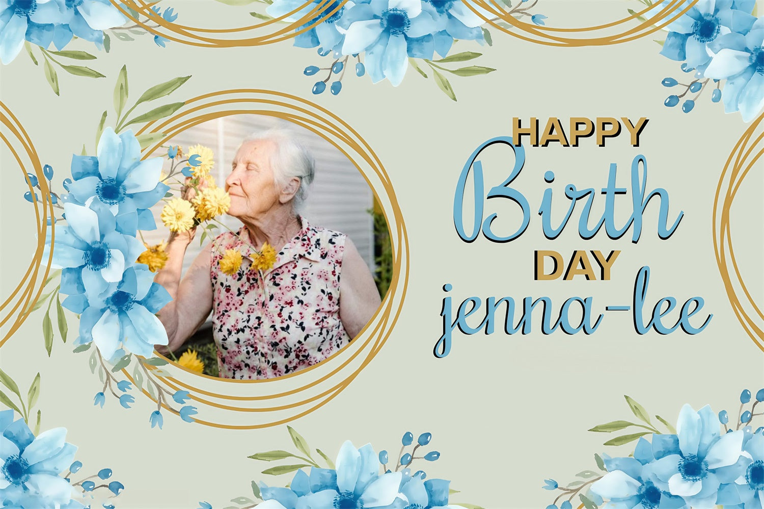 Toile de fond Deco Anniversaire Personnalisé Fleurs Bleu Doux Élégant MRR3-144