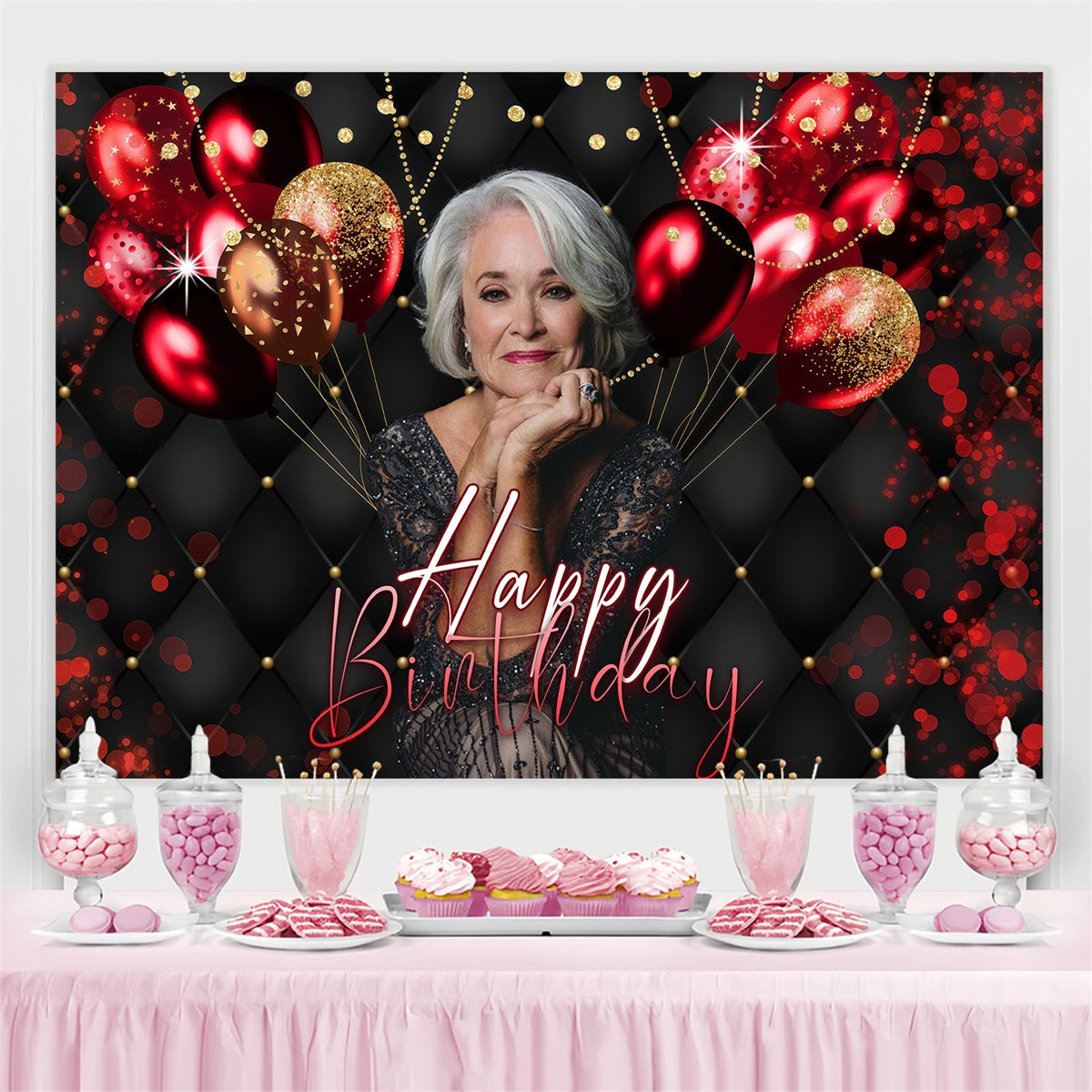 Toile de fond Personnalisable Anniversaire Lumière Rouge Ballons Éclatants MRR3-145