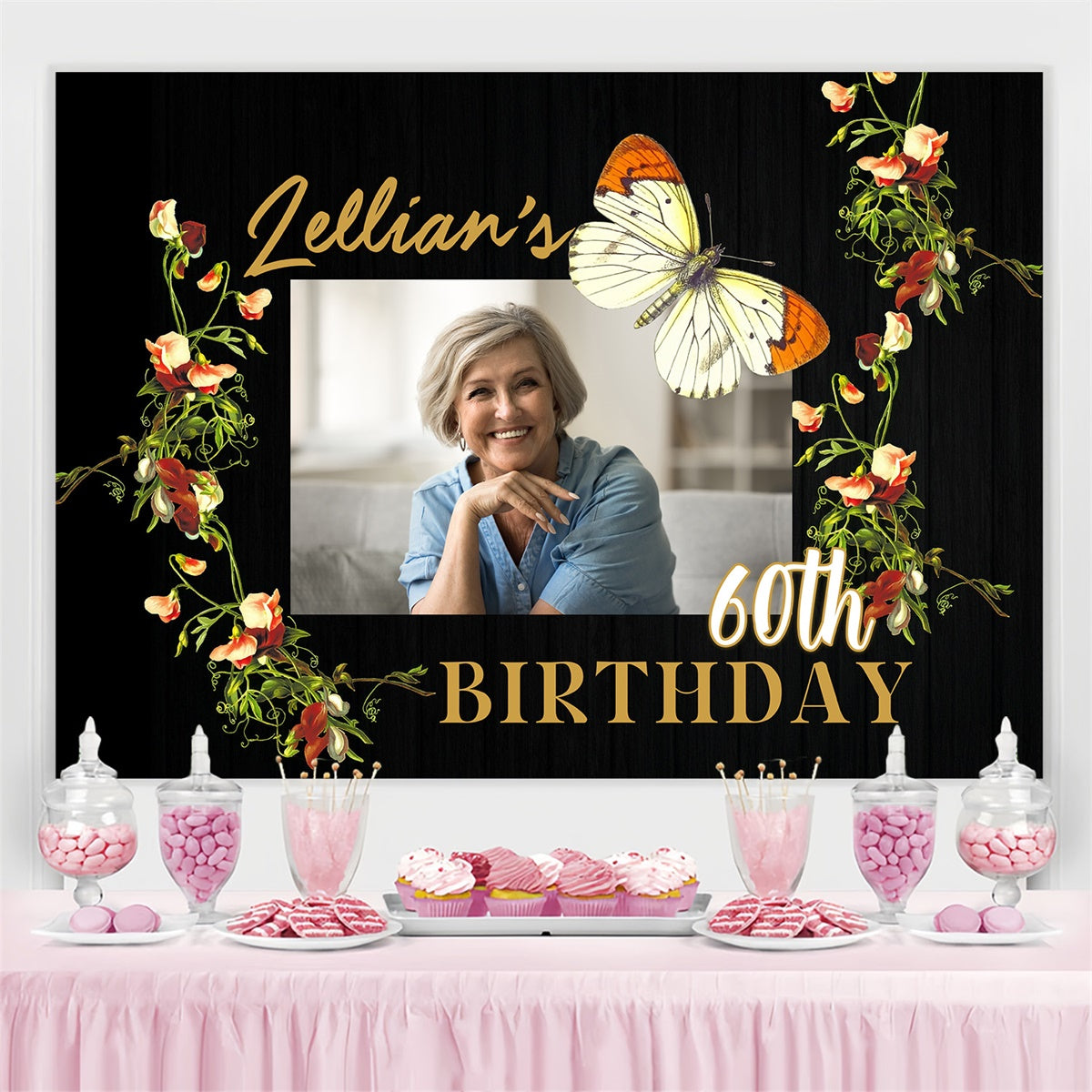 Toile de fond Anniversaire Personnalisé Papillons Rustiques Fleurs 60ème MRR3-146