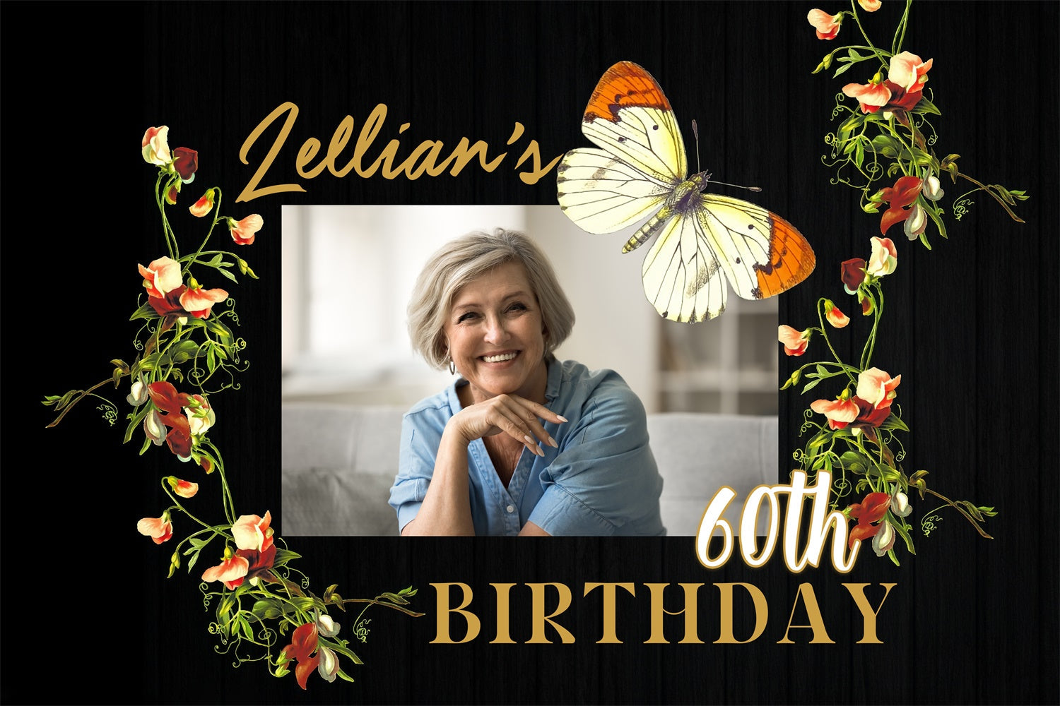 Toile de fond Anniversaire Personnalisé Papillons Rustiques Fleurs 60ème MRR3-146