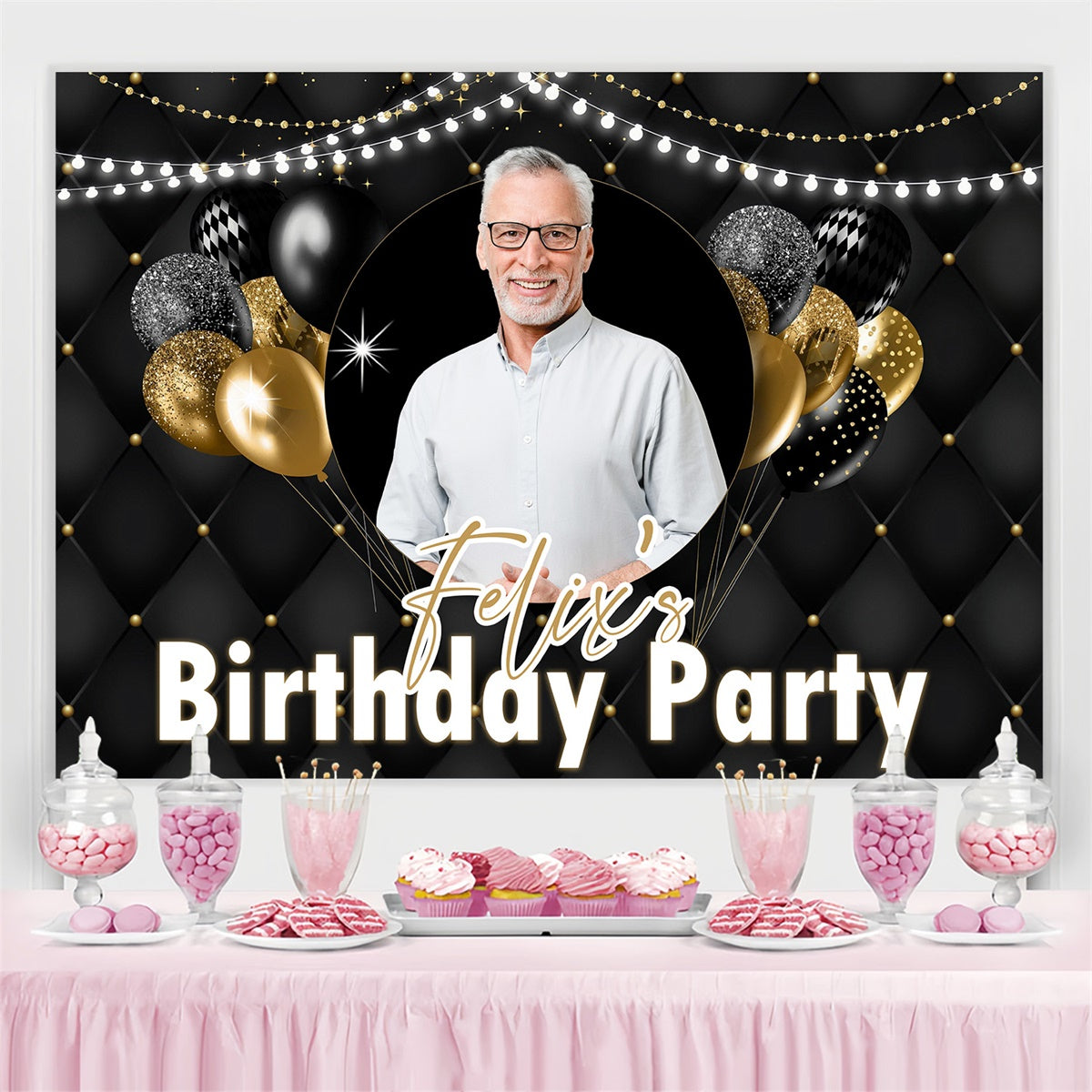 Toile de fond Anniversaire Personnalisable Lumières Étincelantes Ballons Or MRR3-147