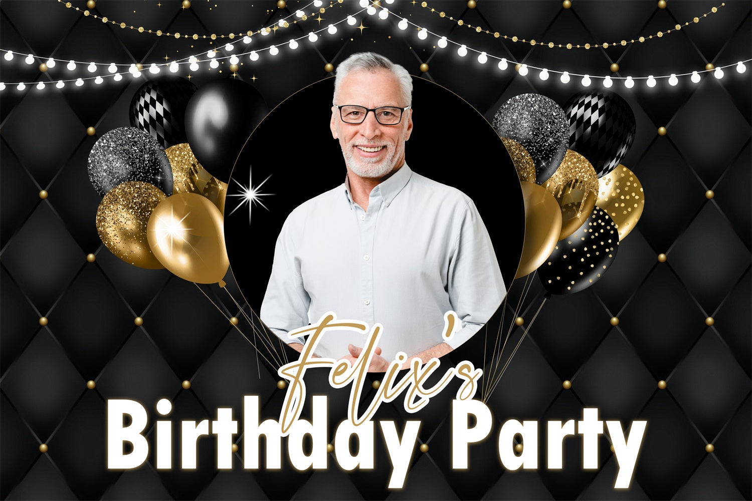 Toile de fond Anniversaire Personnalisable Lumières Étincelantes Ballons Or MRR3-147